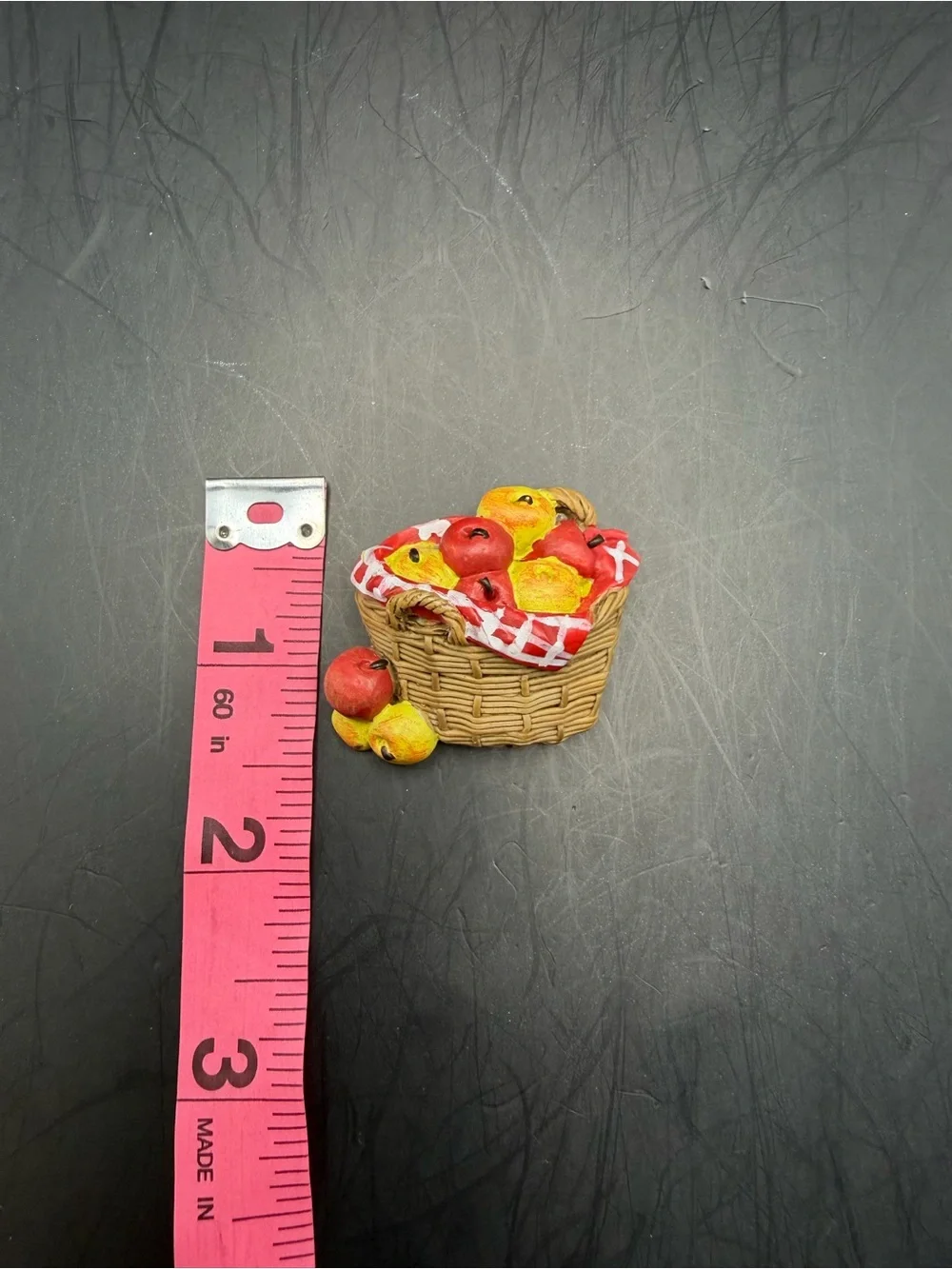 Miniature Wicker Picnic Basket with Red and Yellow Fruit brooch